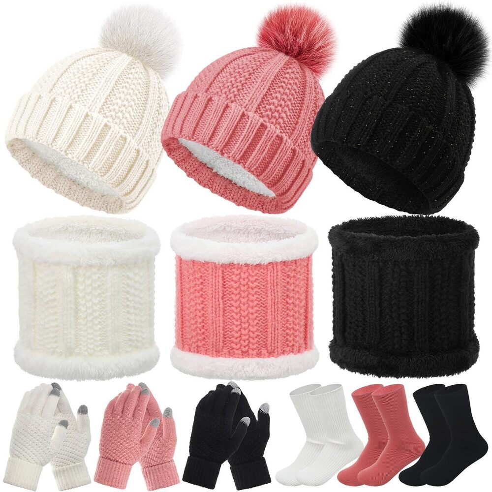 1778 12 Pcs Hat Scarf Gloves Sock Set Winter Knit Beanie Hat with Pom